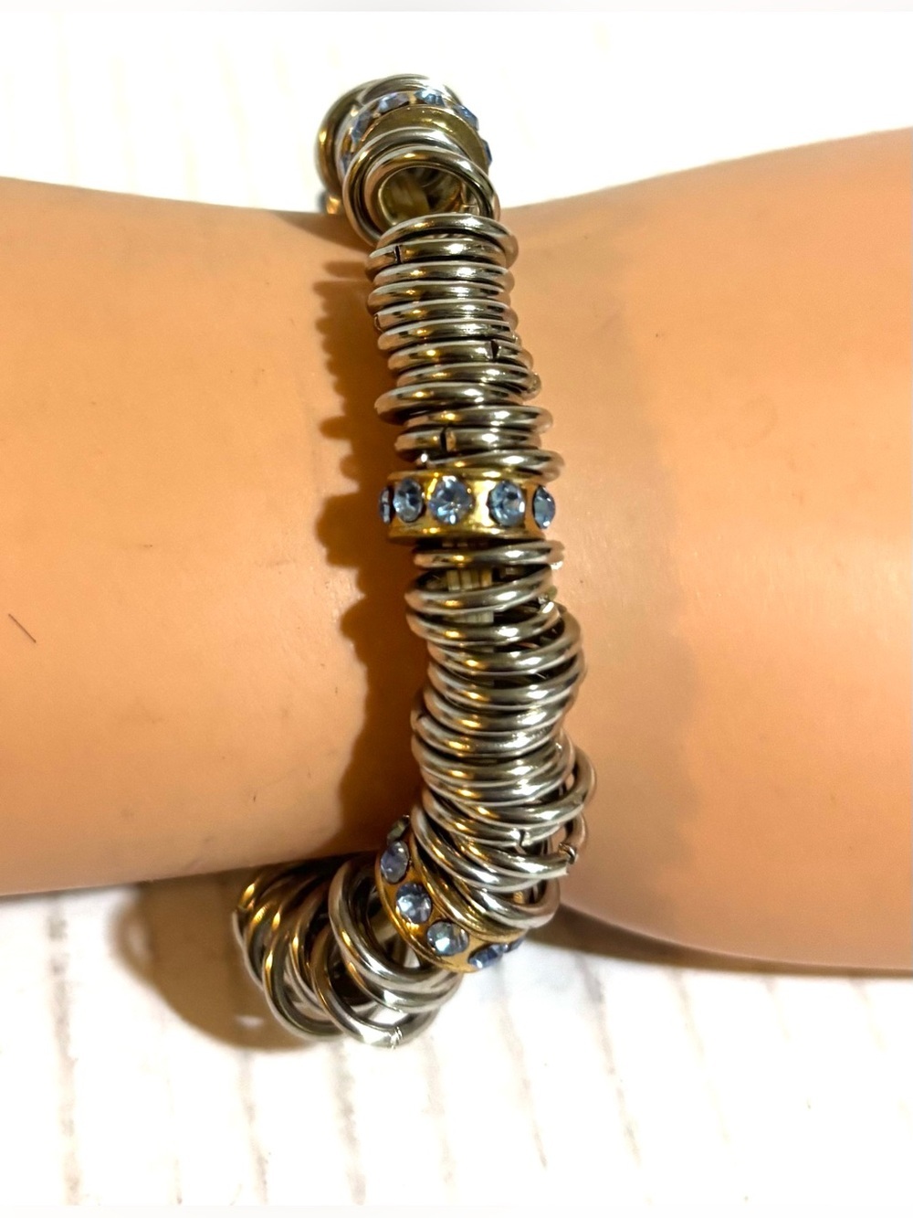 Silver Coil Bracelet with Light Blue Crystal Accents